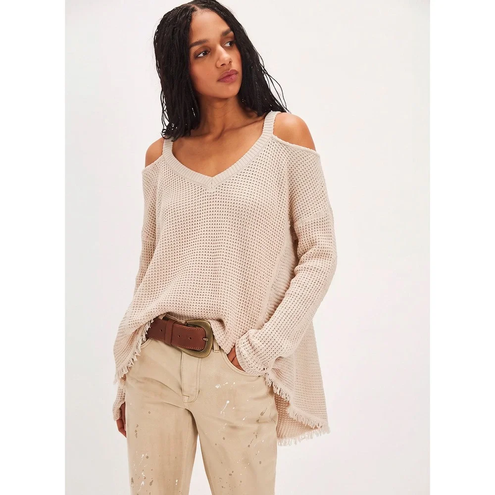 Free People Cold Shoulder V-Neck Cotton Knit Fringe High Low Sweater Cream Small
